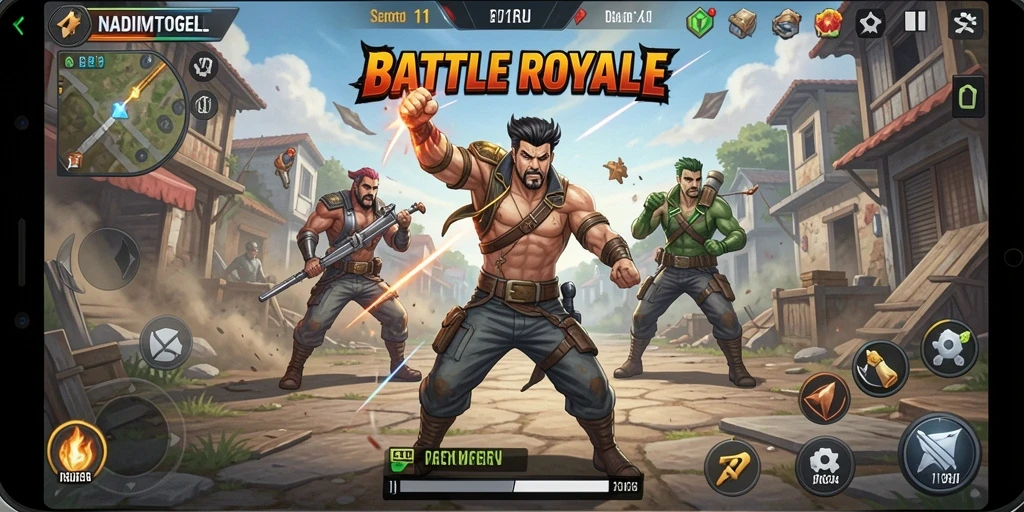 Screenshot utama NADIMTOGEL menampilkan pertempuran mendebarkan di arena.