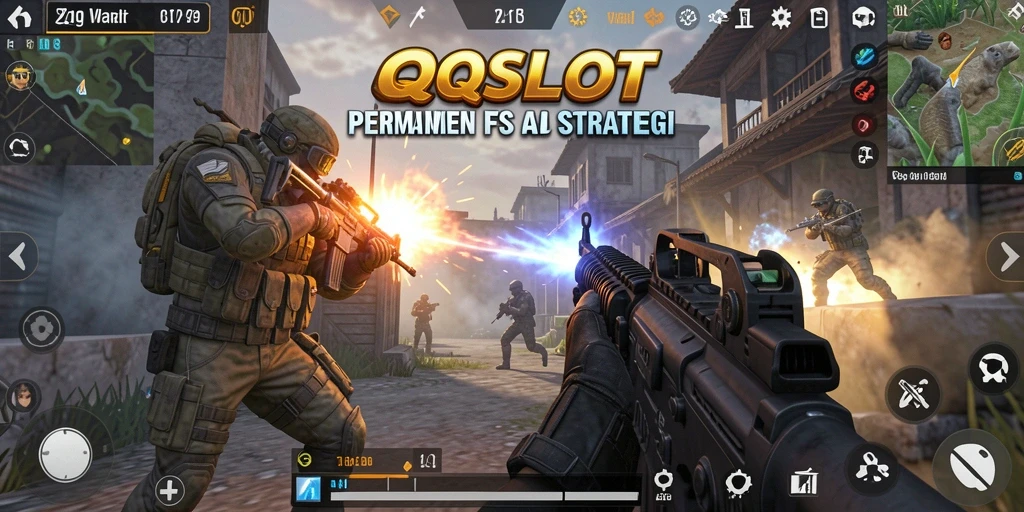 Screenshot gameplay QQSLOT menampilkan aksi mendebarkan dalam arena pertempuran FPS.
